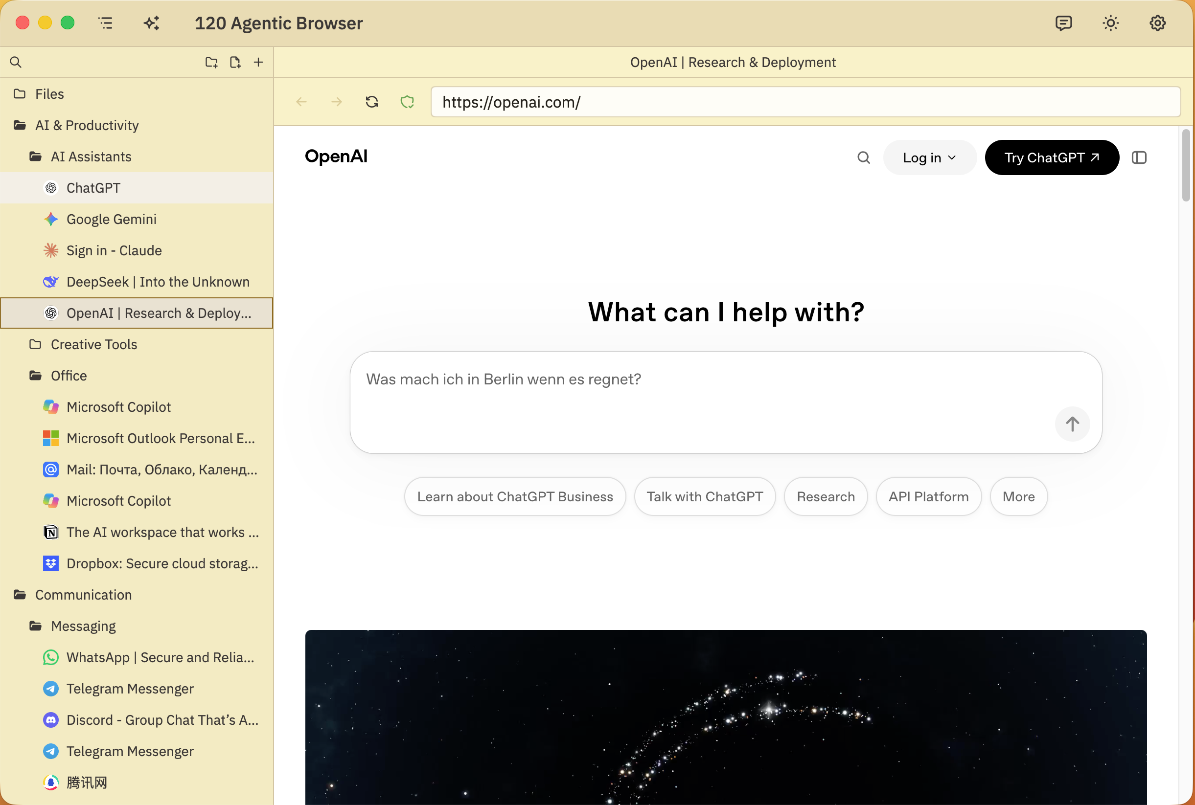 120 Agentic Browser showing OpenAI in an organized workspace