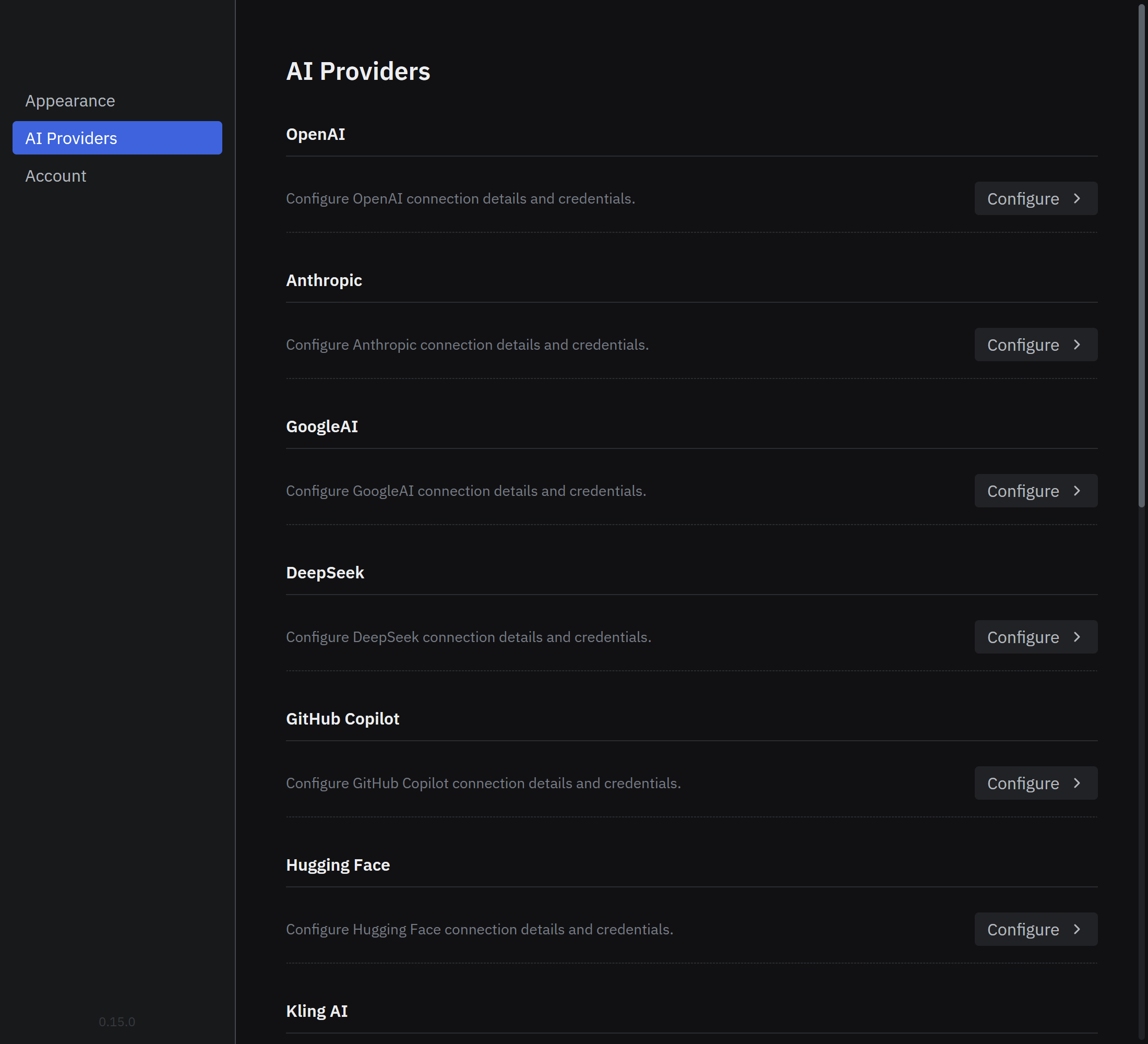 120 AI Chat dark-mode Settings window showing the AI Providers list and configuration controls