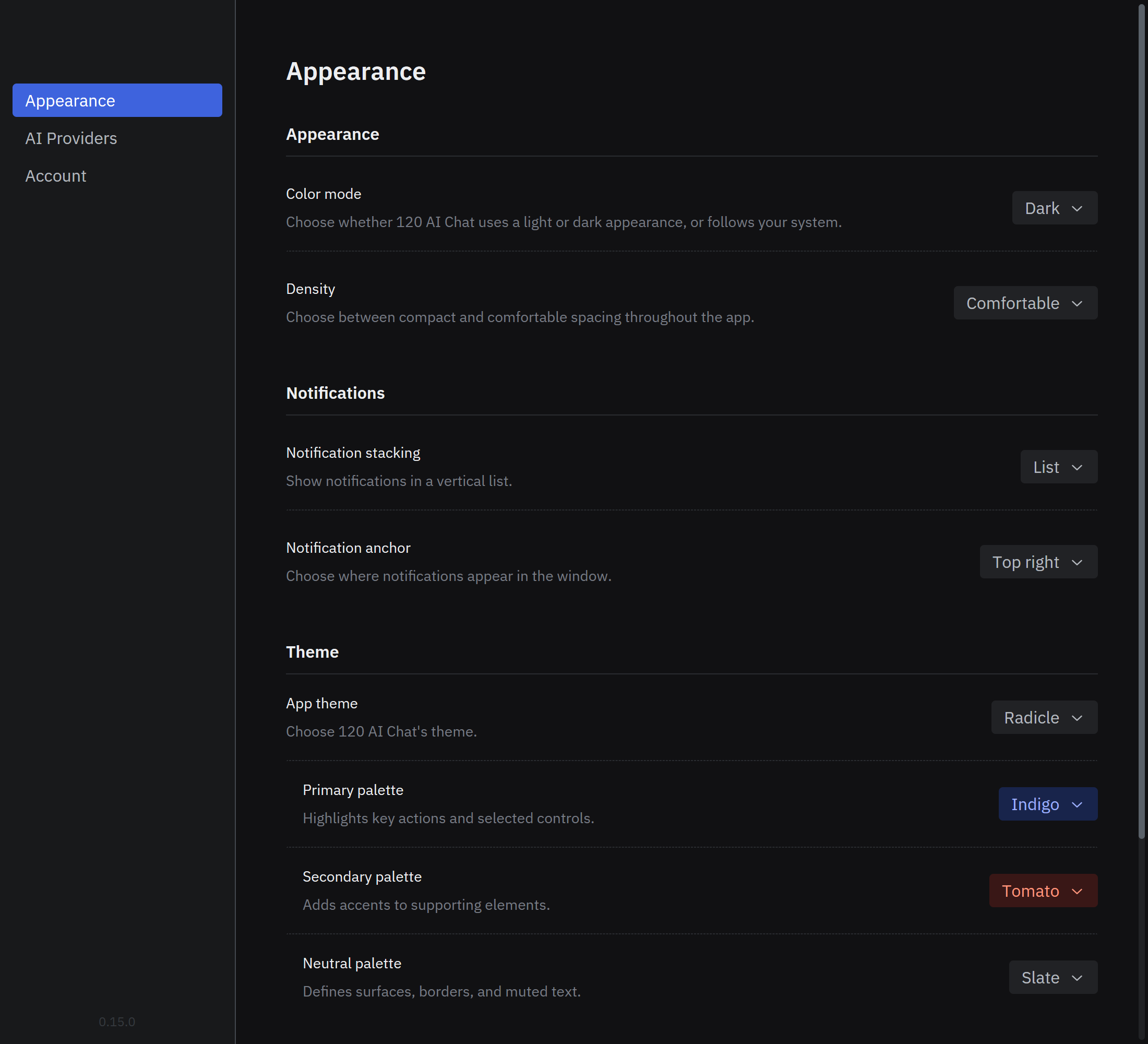 120 AI Chat dark-mode Appearance settings with theme, density, syntax-highlighting, and notification controls