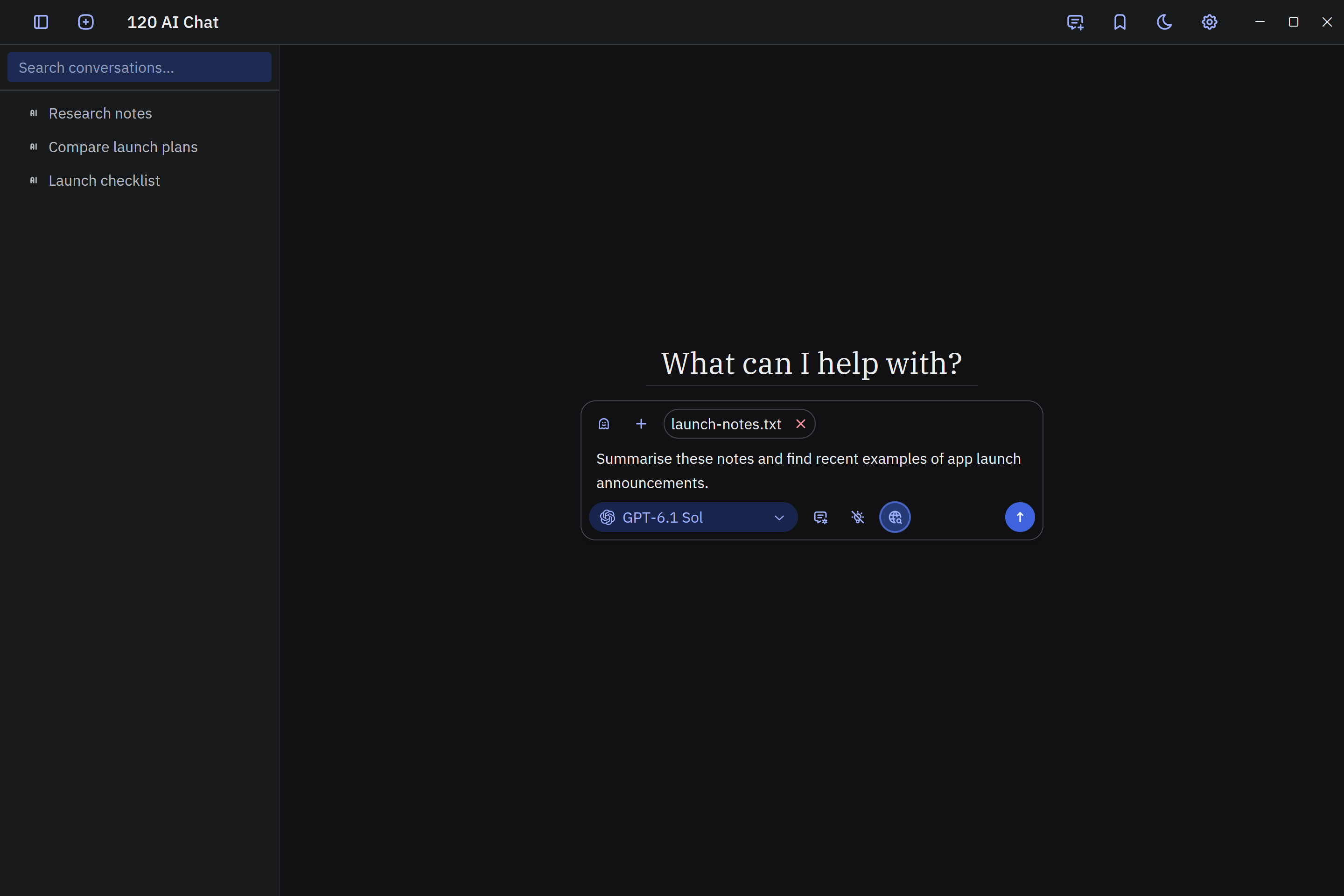120 AI Chat dark-mode message composer with a text-file attachment and web search enabled
