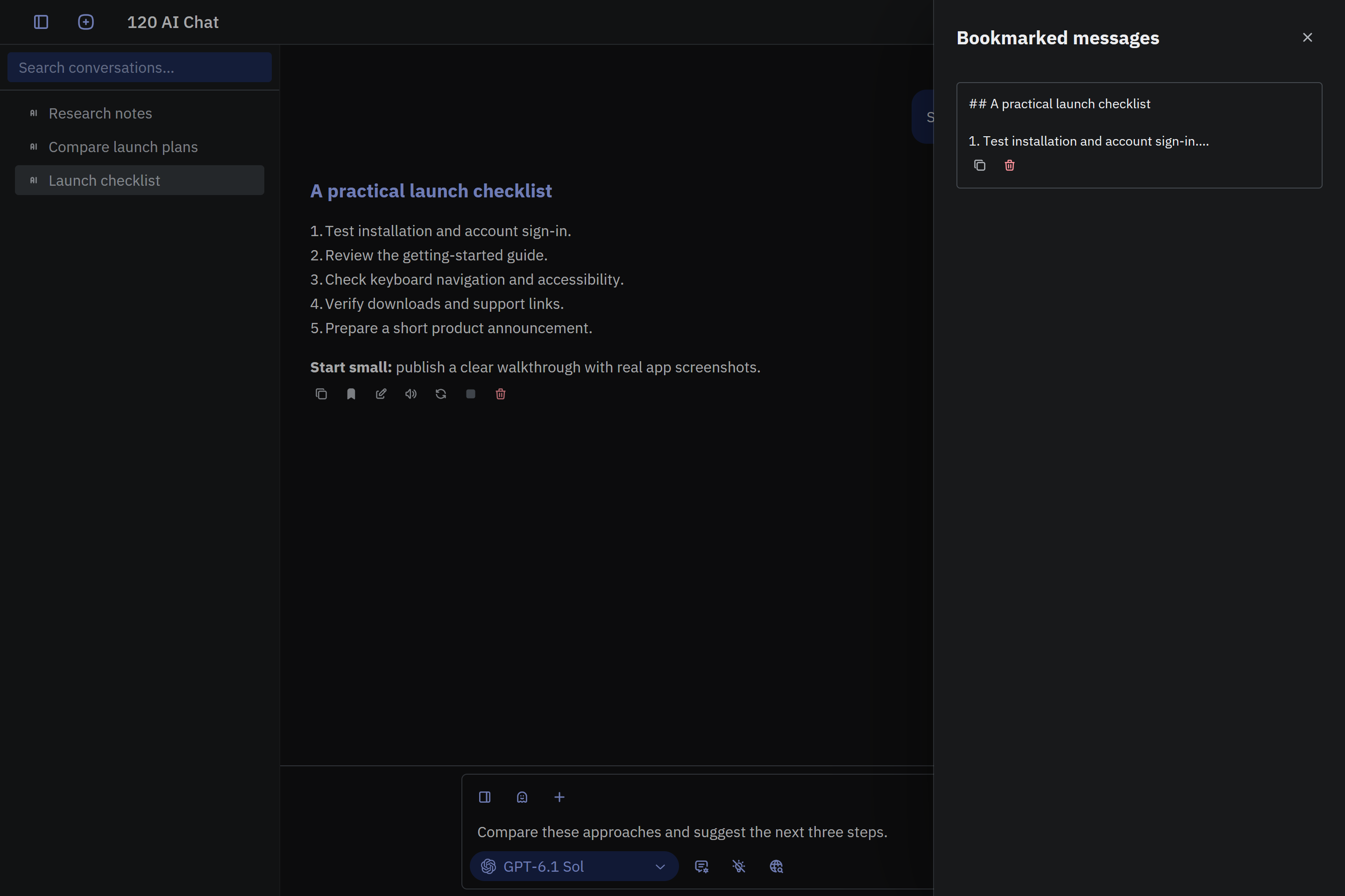 120 AI Chat dark-mode bookmarked-message drawer with an example saved response and copy and delete-bookmark controls