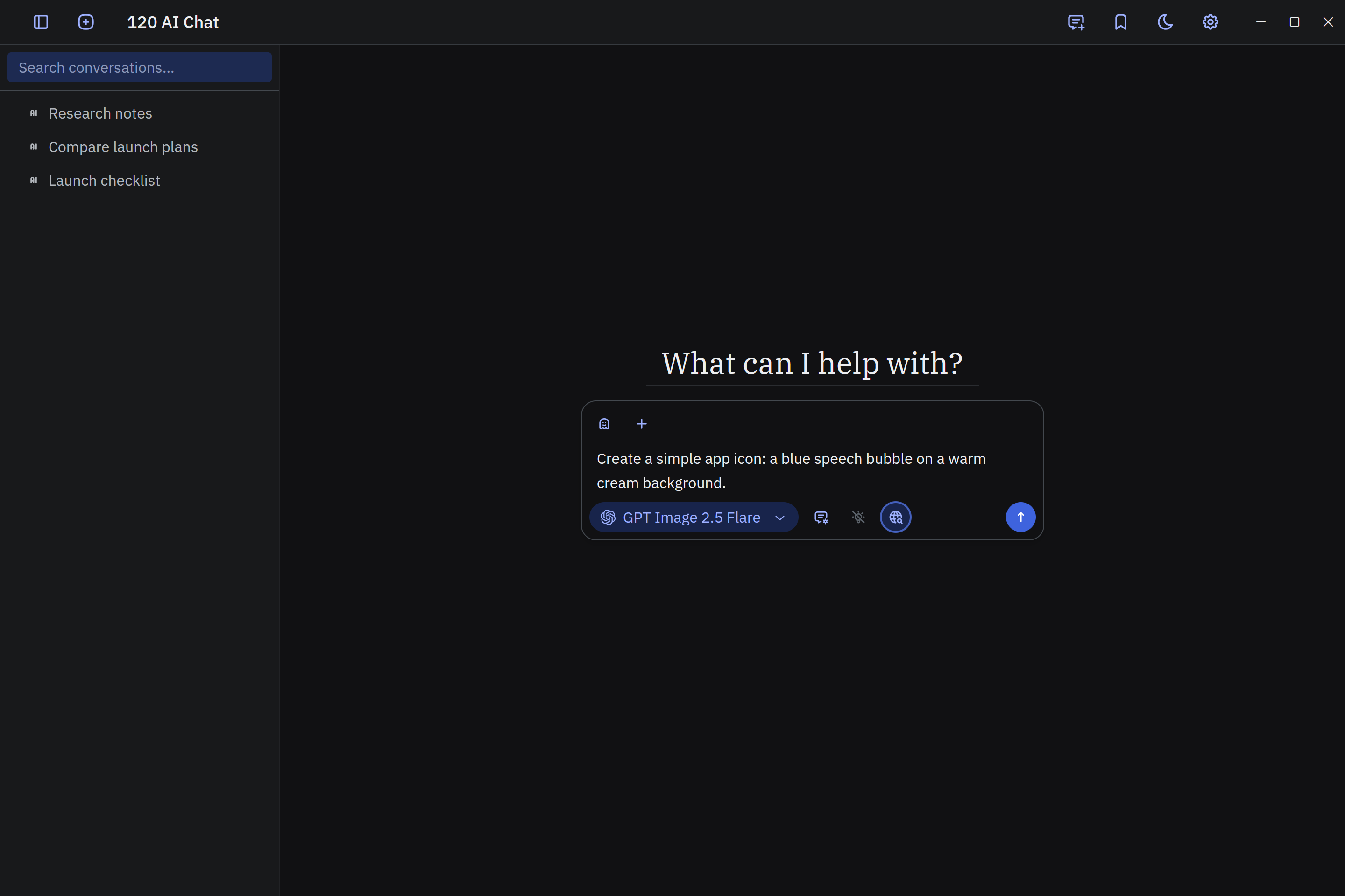 120 AI Chat dark-mode new conversation with an image-generation model selected and an example image prompt