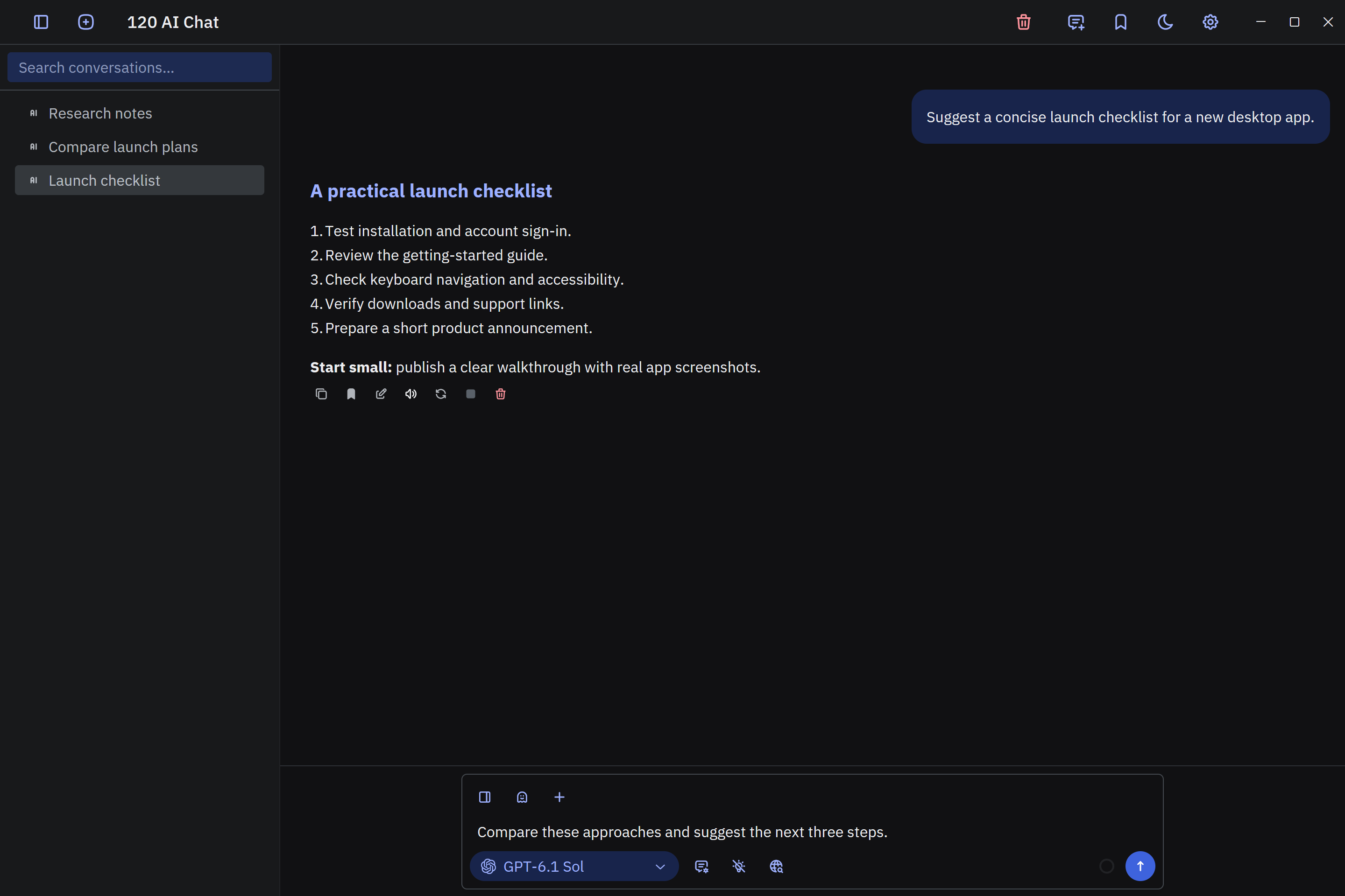 120 AI Chat dark-mode conversation showing message text and its copy, bookmark, edit, speech, regenerate, and delete actions