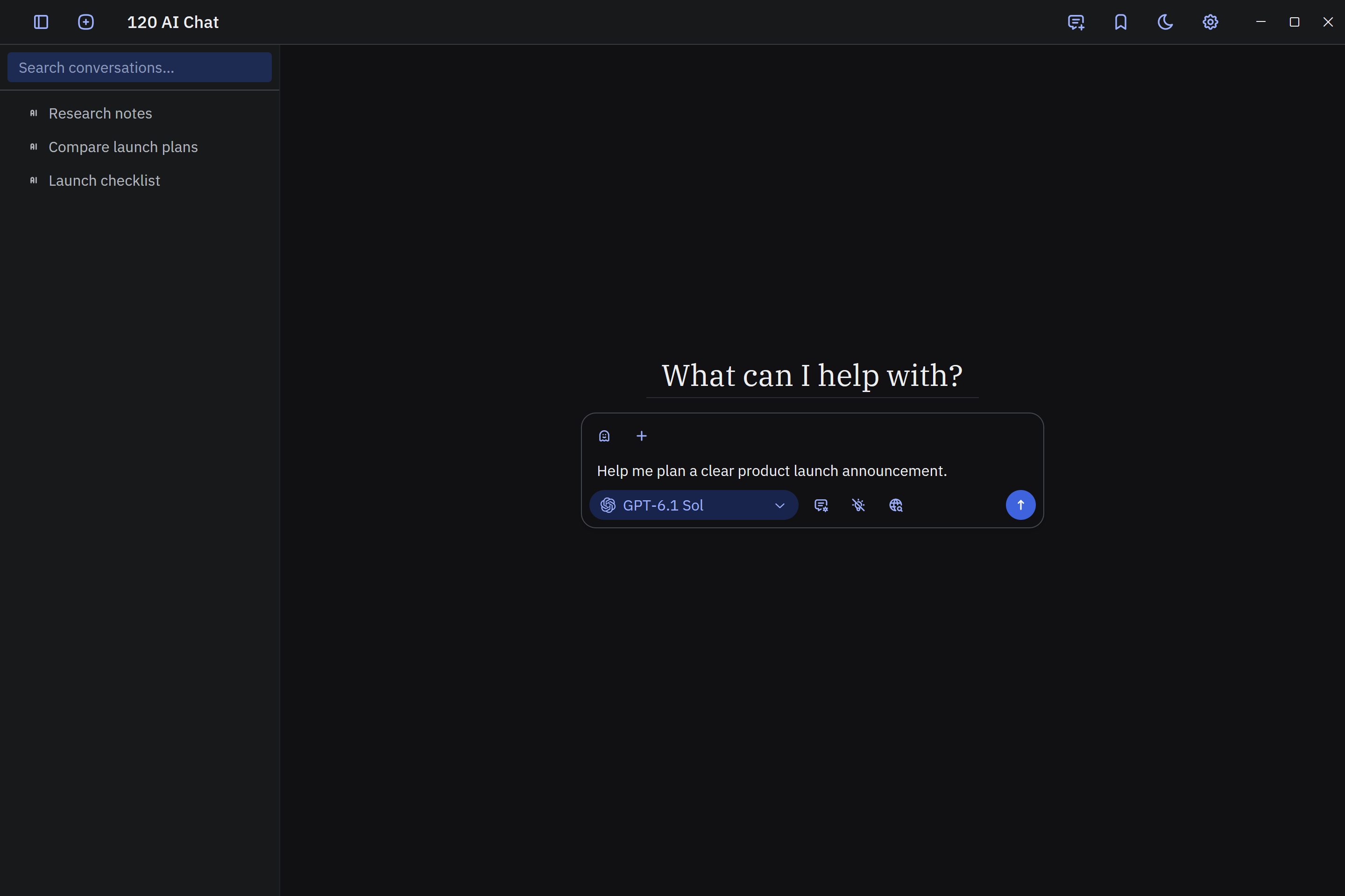 120 AI Chat dark-mode new conversation with a selected model, message field, and send control