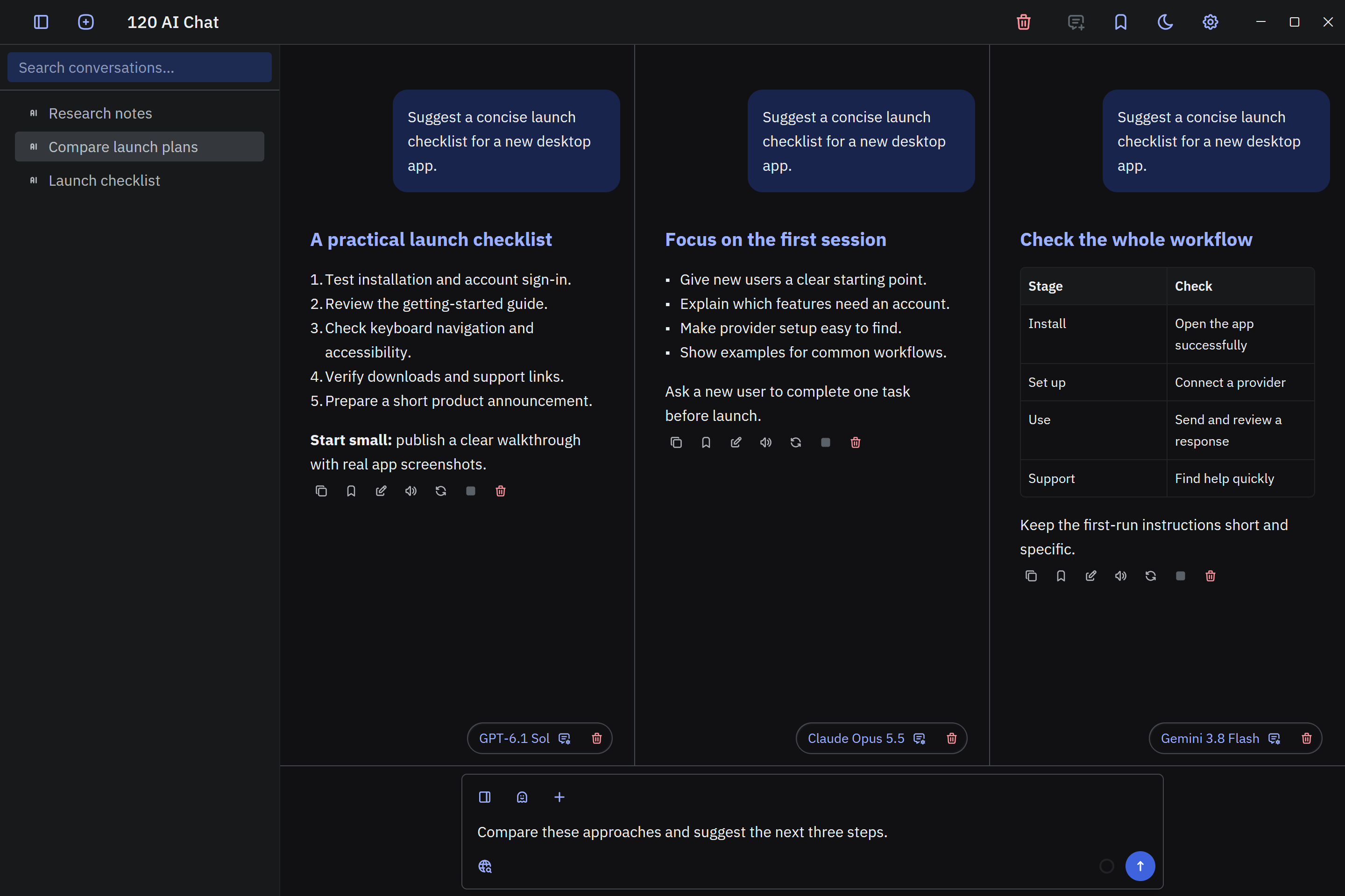 120 AI Chat dark-mode conversation comparing three models in separate resizable thread panes