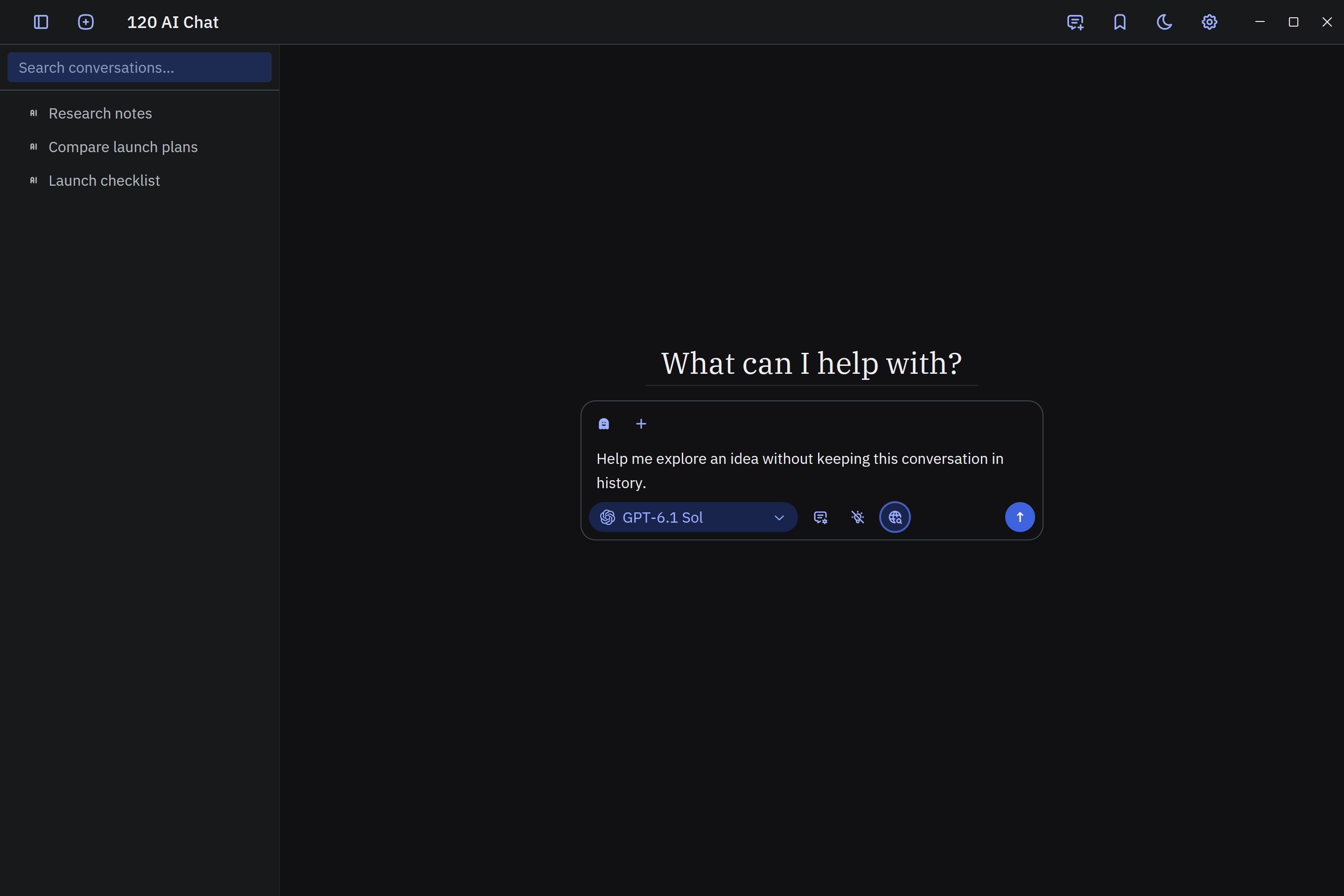 120 AI Chat dark-mode new conversation with the temporary-conversation ghost control enabled