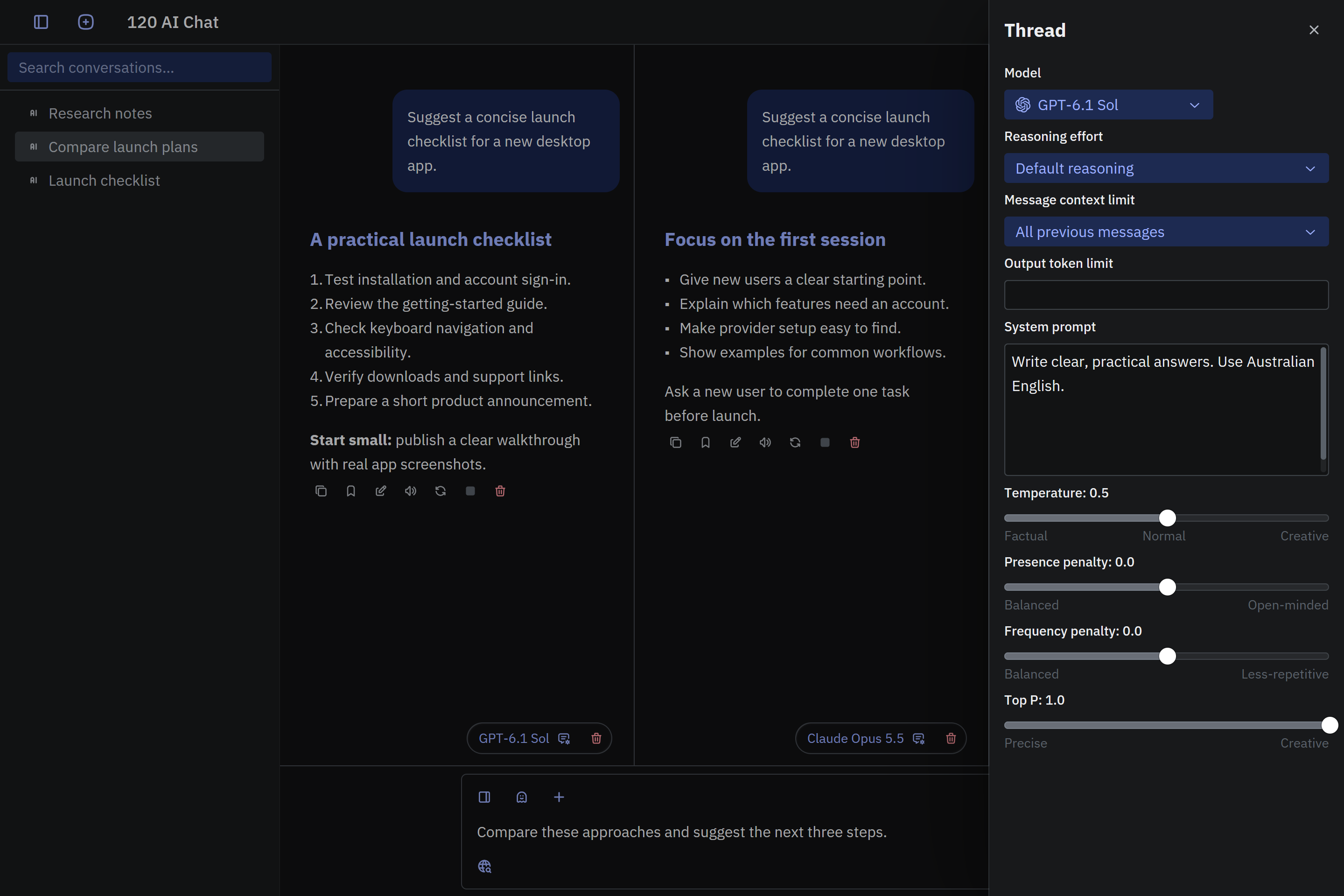 120 AI Chat dark-mode Thread drawer showing model, reasoning effort, context, output token limit, system prompt, and sampling controls
